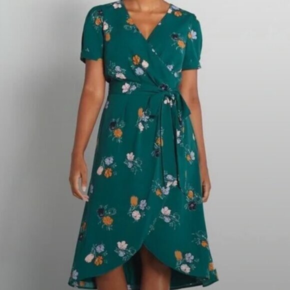 Modcloth faux wrap tie waist teal floral dress size S - Picture 4 of 5